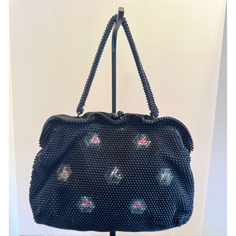 Beaded Floral Handbag Black‎ Vintage Kiss Lock Evening Bag Elegant Formal Purse